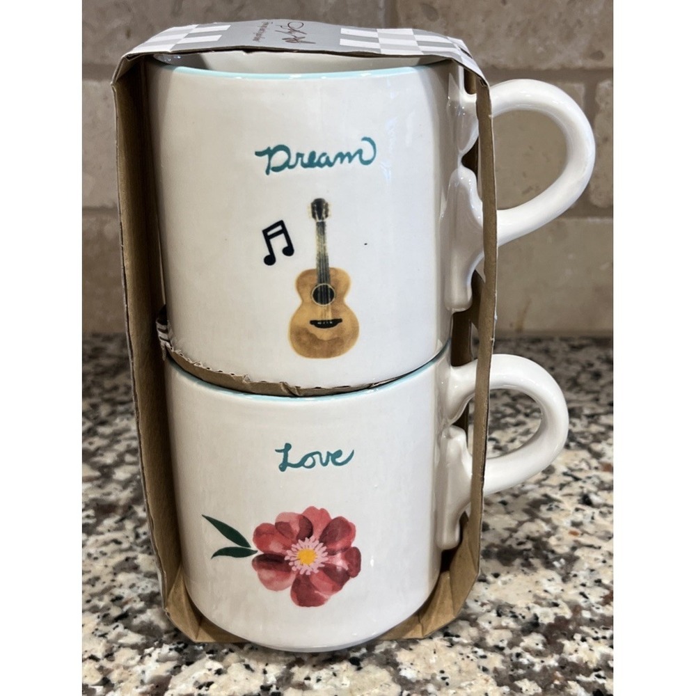 New Dolly Parton‎ DREAM Guitar LOVE Flower Mugs Set of (2) 20oz Double Sided